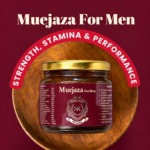 Muejaza For Men jar on a wooden plate with a maroon background