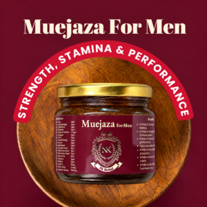 Muejaza For Men jar on a wooden plate with a maroon background