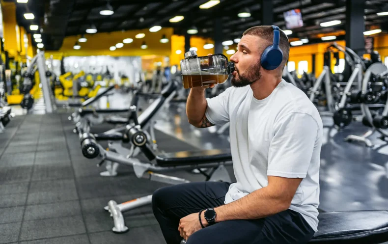 young-man-resting-and-drinking-a-protein-shake-after-training-in-the-gym young-man-resting-and-drinking-a-protein-shake-after-training-in-the-gym